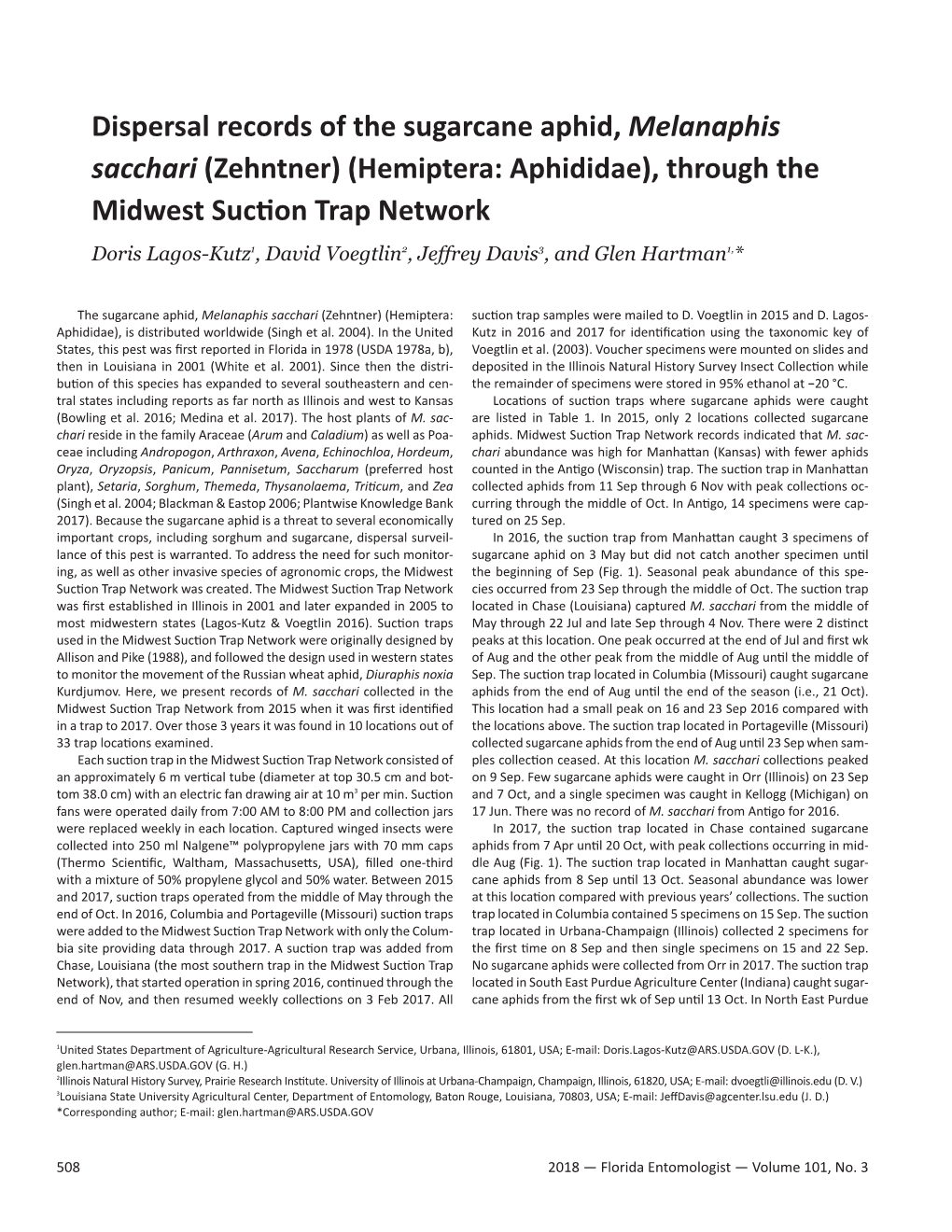 Dispersal Records of the Sugarcane Aphid, Melanaphis Sacchari (Zehntner) (Hemiptera: Aphididae), Through the Midwest Suction Trap Network