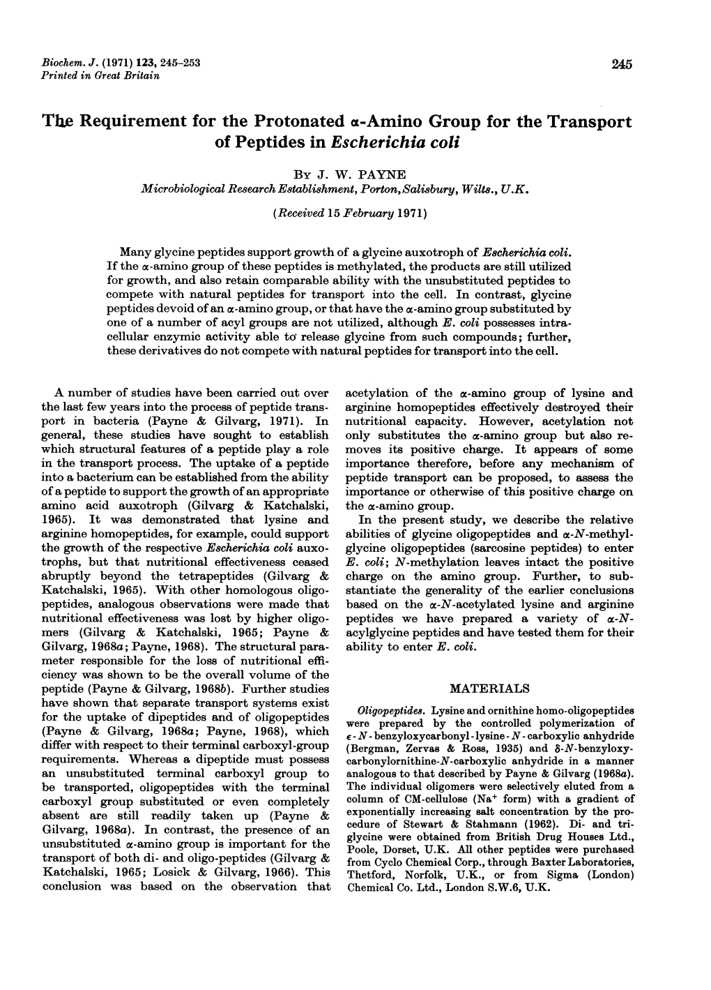 Amino Group for the Transport of Peptides in Escherichia Coli