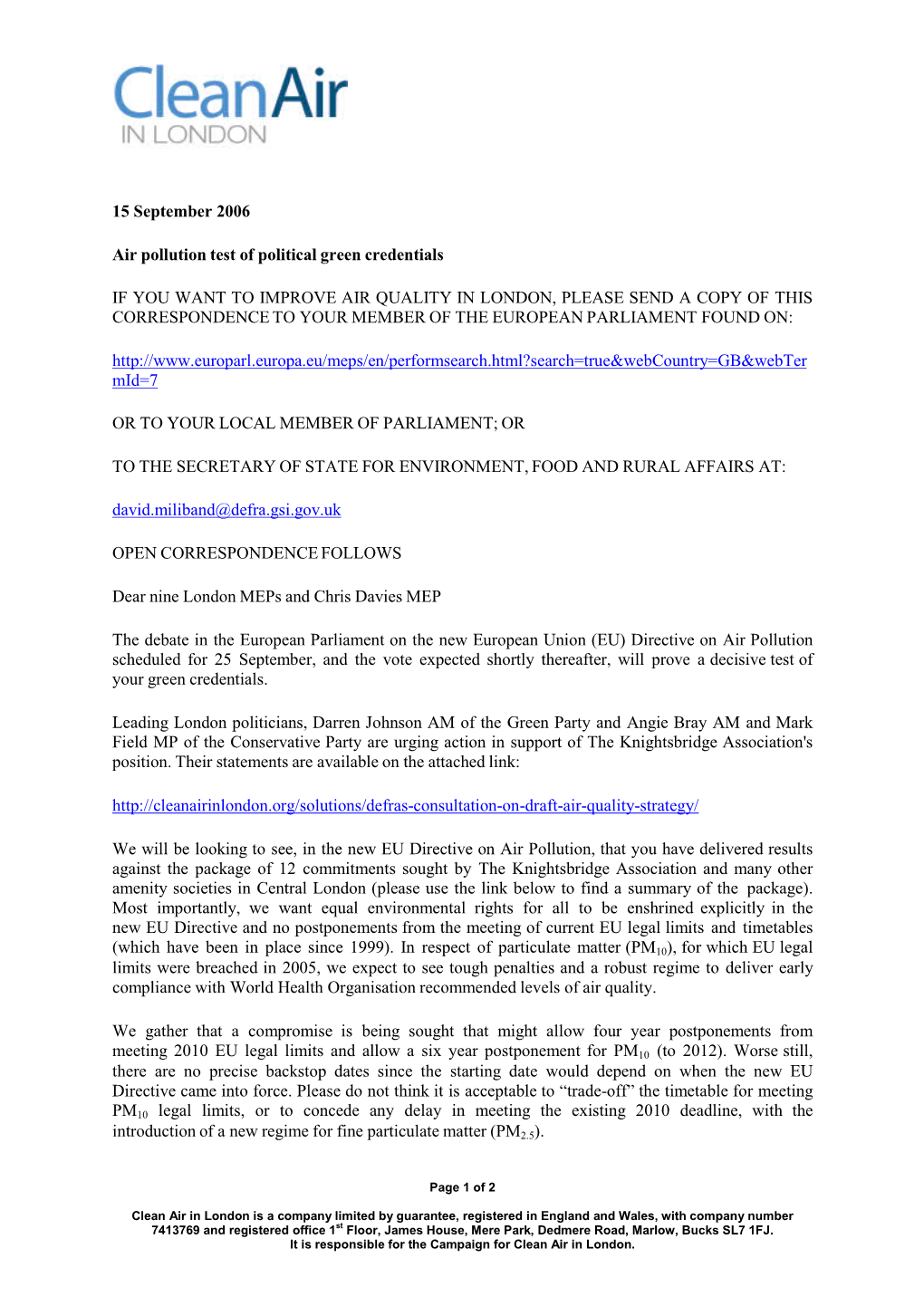 15 September 2006 Air Pollution Test of Political Green Credentials IF