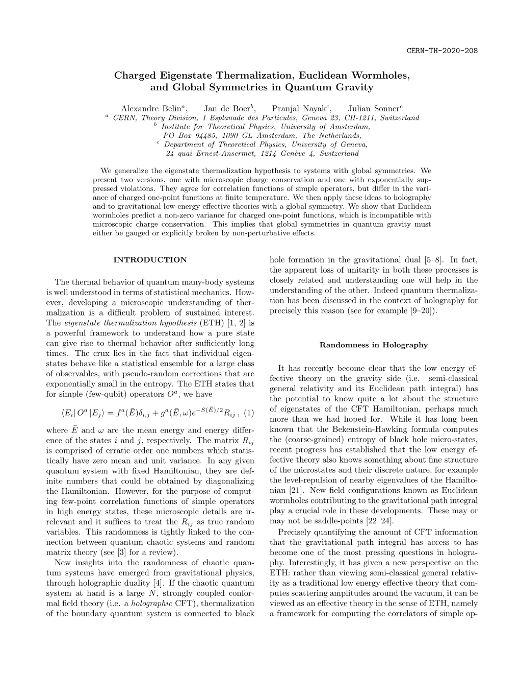 Charged Eigenstate Thermalization, Euclidean Wormholes, and Global Symmetries in Quantum Gravity