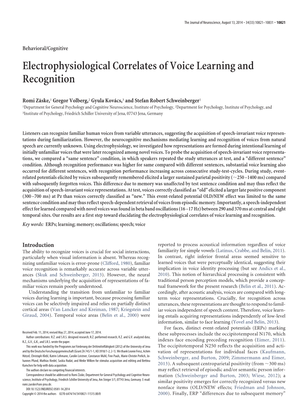Electrophysiological Correlates of Voice Learning and Recognition