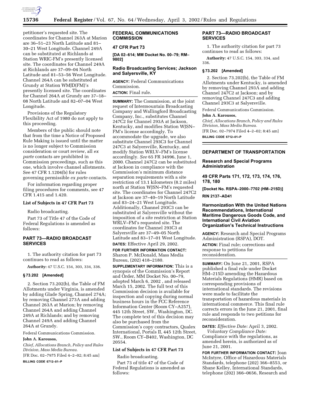 Federal Register/Vol. 67, No. 64/Wednesday, April 3, 2002/Rules