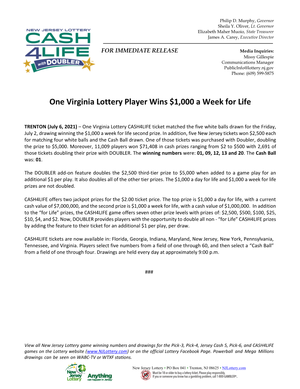 One Virginia Lottery Player Wins $1,000 a Week for Life