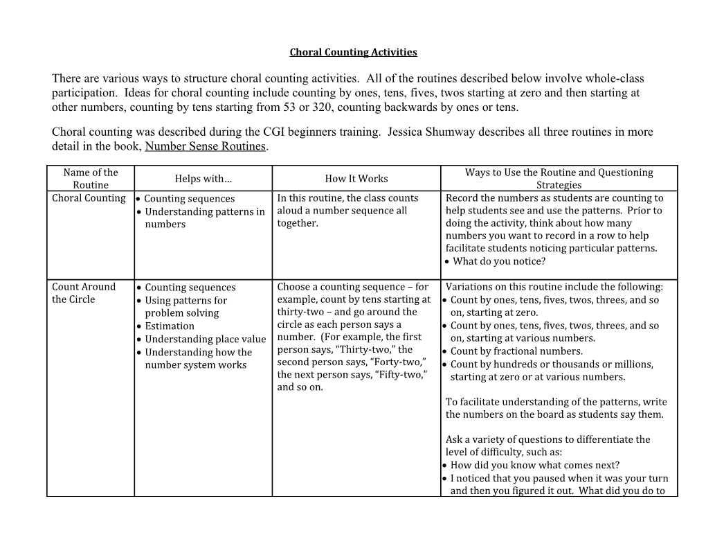 Choral Counting Activities