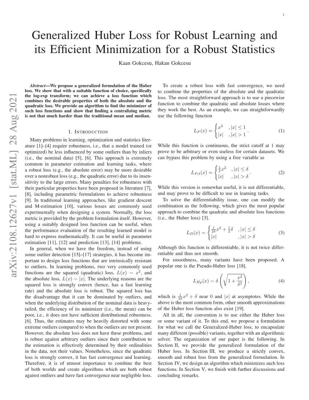 Generalized Huber Loss for Robust Learning and Its Efficient
