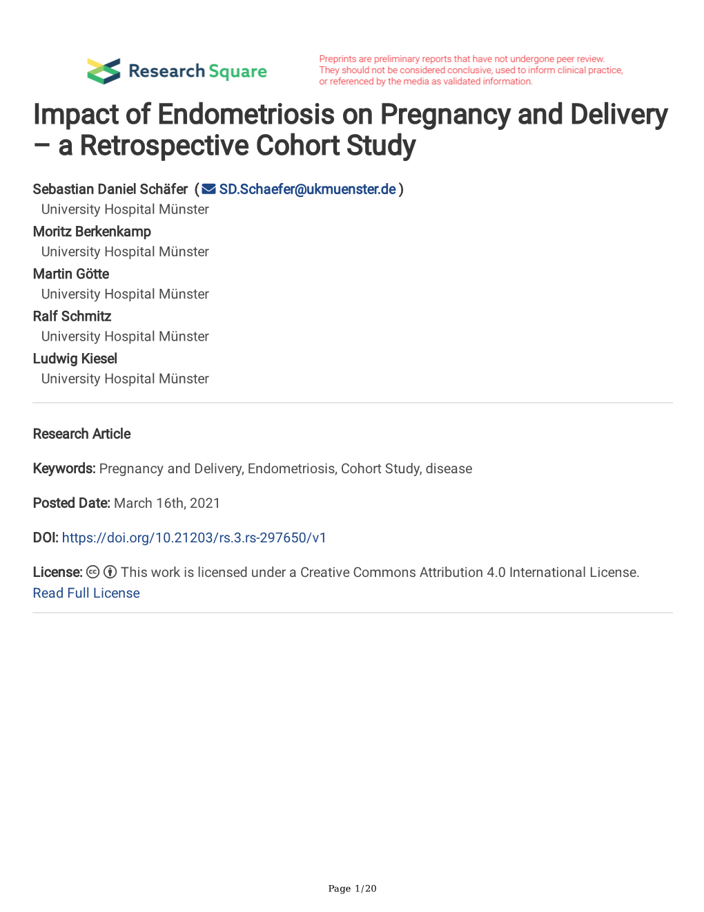 Impact of Endometriosis on Pregnancy and Delivery – a Retrospective Cohort Study