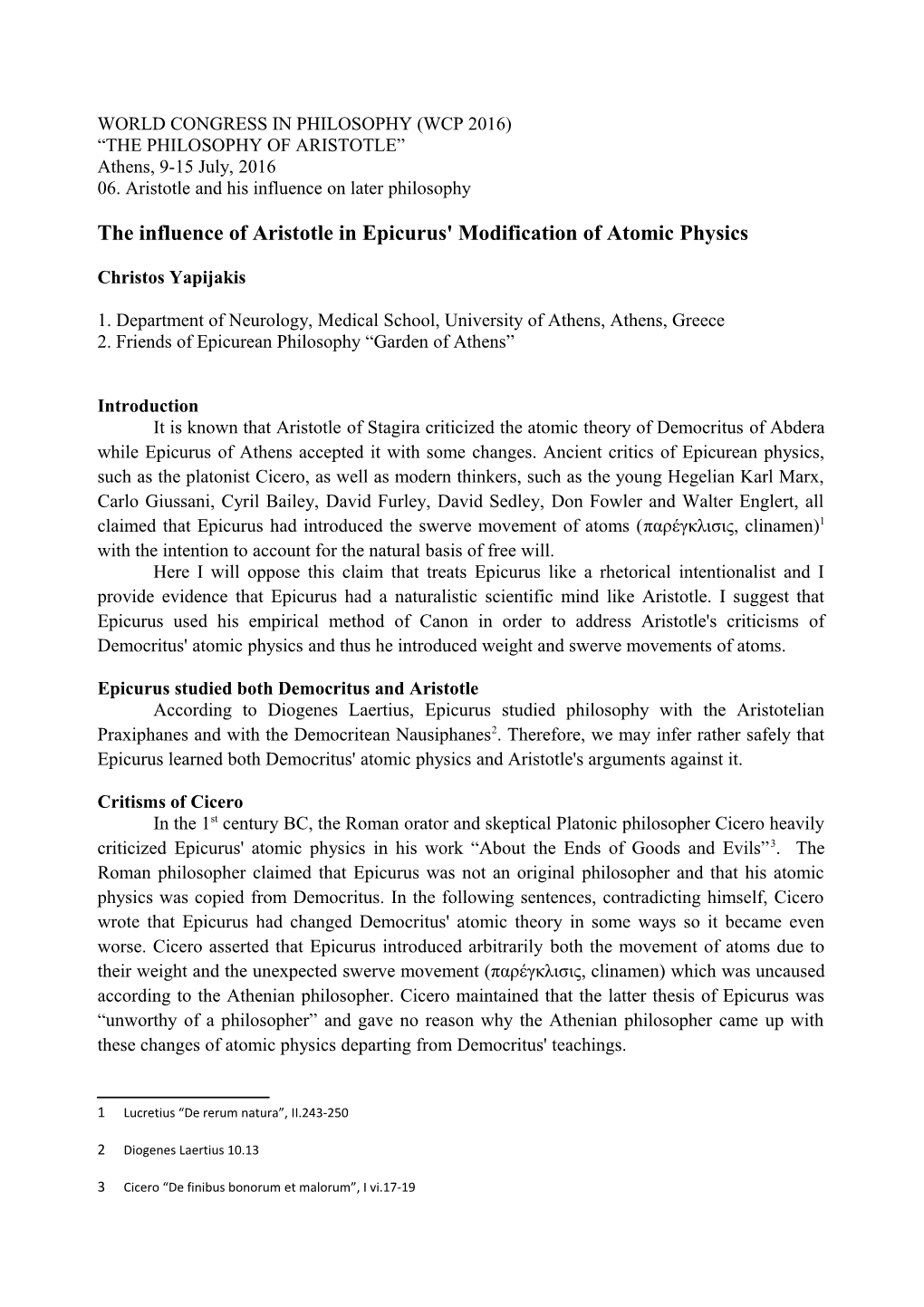 The Influence of Aristotle in Epicurus' Modification of Atomic Physics