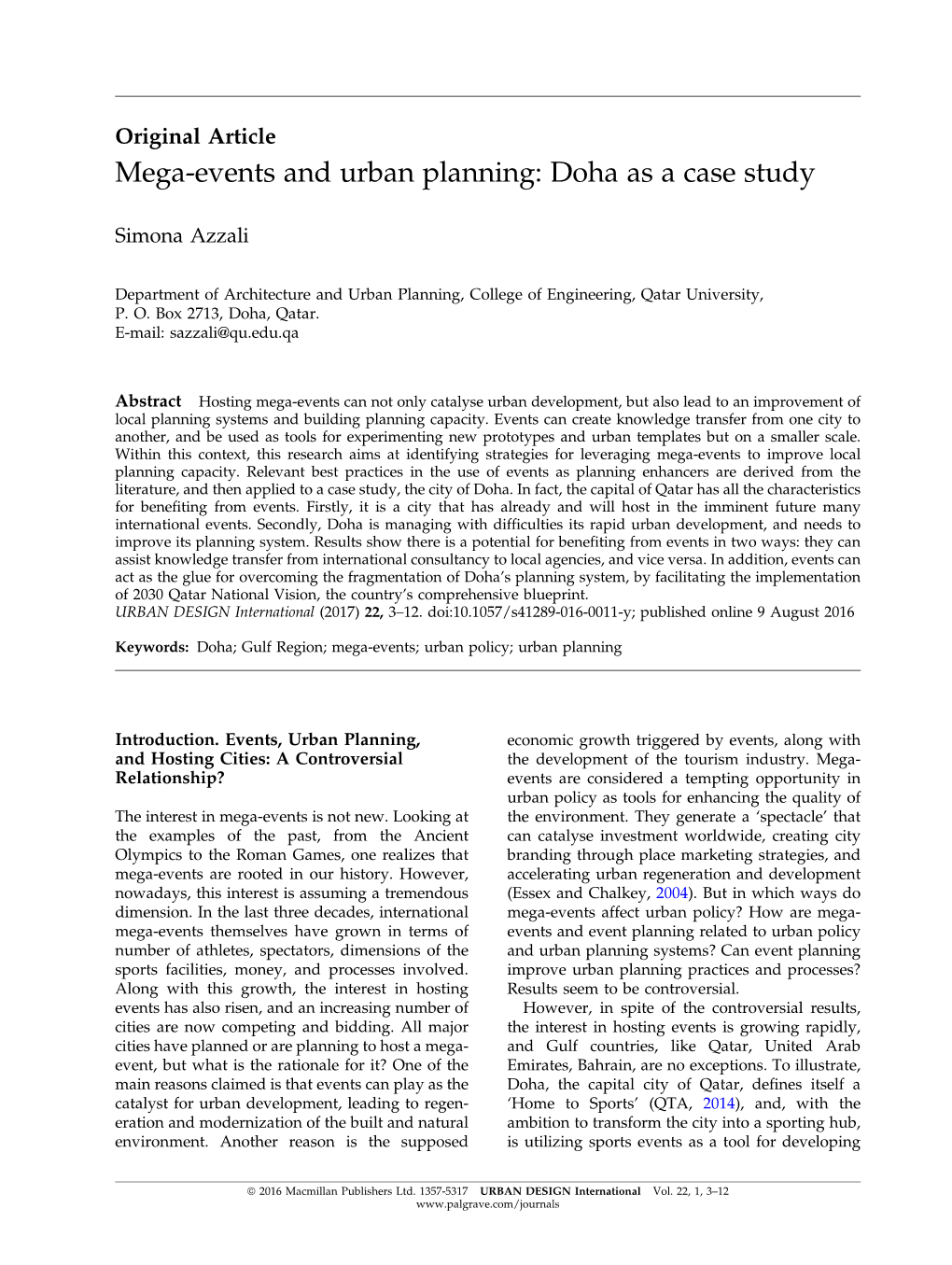 Mega-Events and Urban Planning: Doha As a Case Study