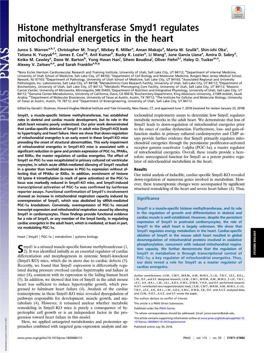 Histone Methyltransferase Smyd1 Regulates Mitochondrial Energetics in the Heart