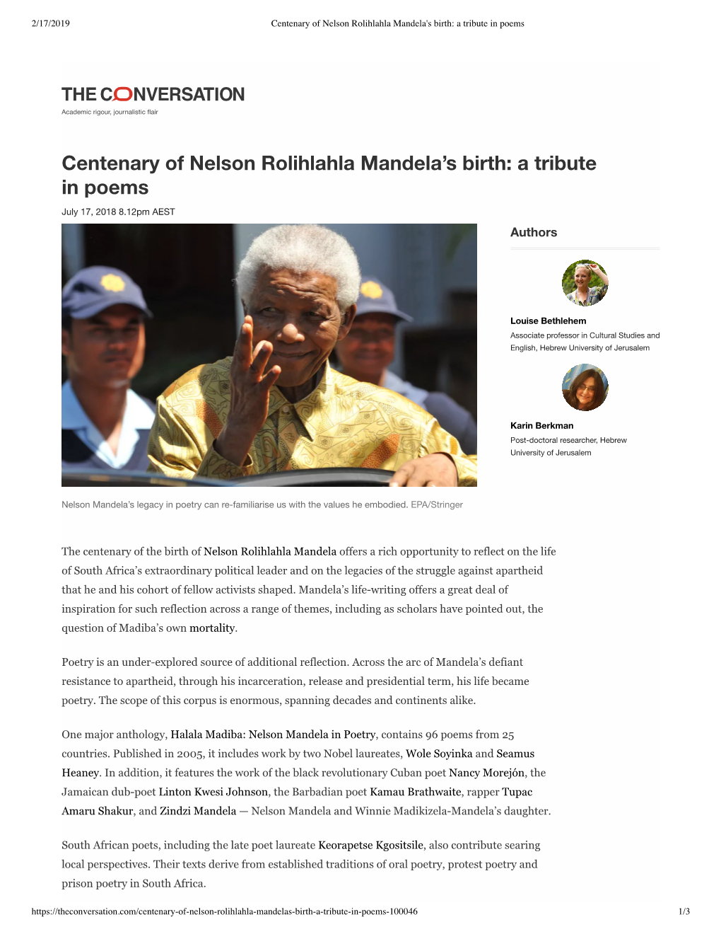 Centenary of Nelson Rolihlahla Mandela's Birth: a Tribute in Poems