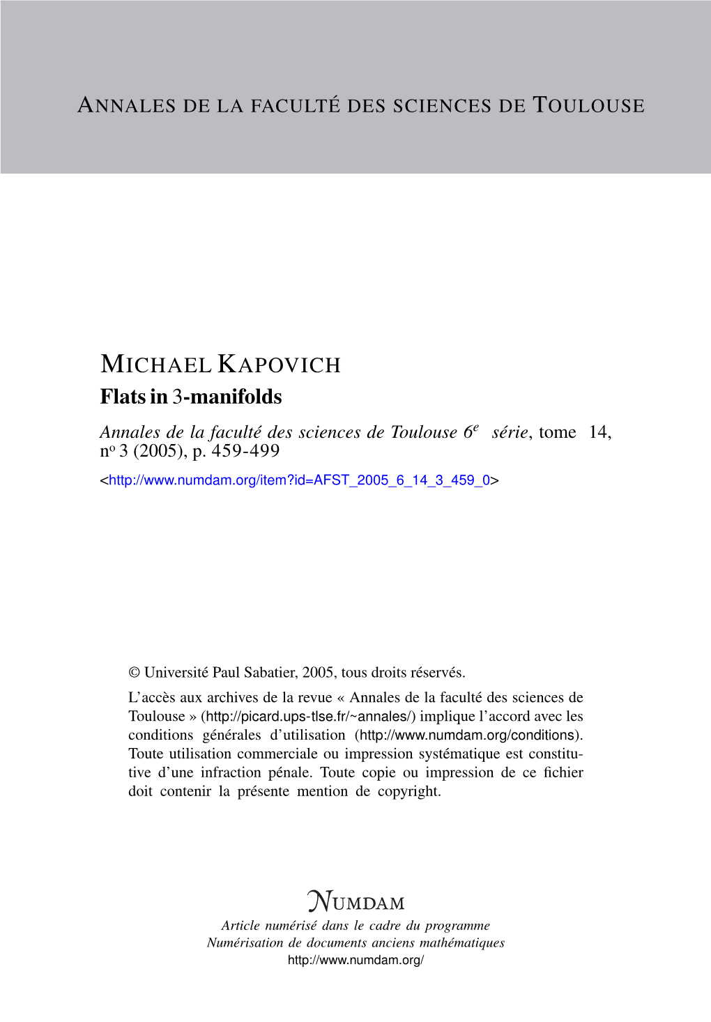 Flats in 3-Manifolds Annales De La Faculté Des Sciences De Toulouse 6E Série, Tome 14, No 3 (2005), P