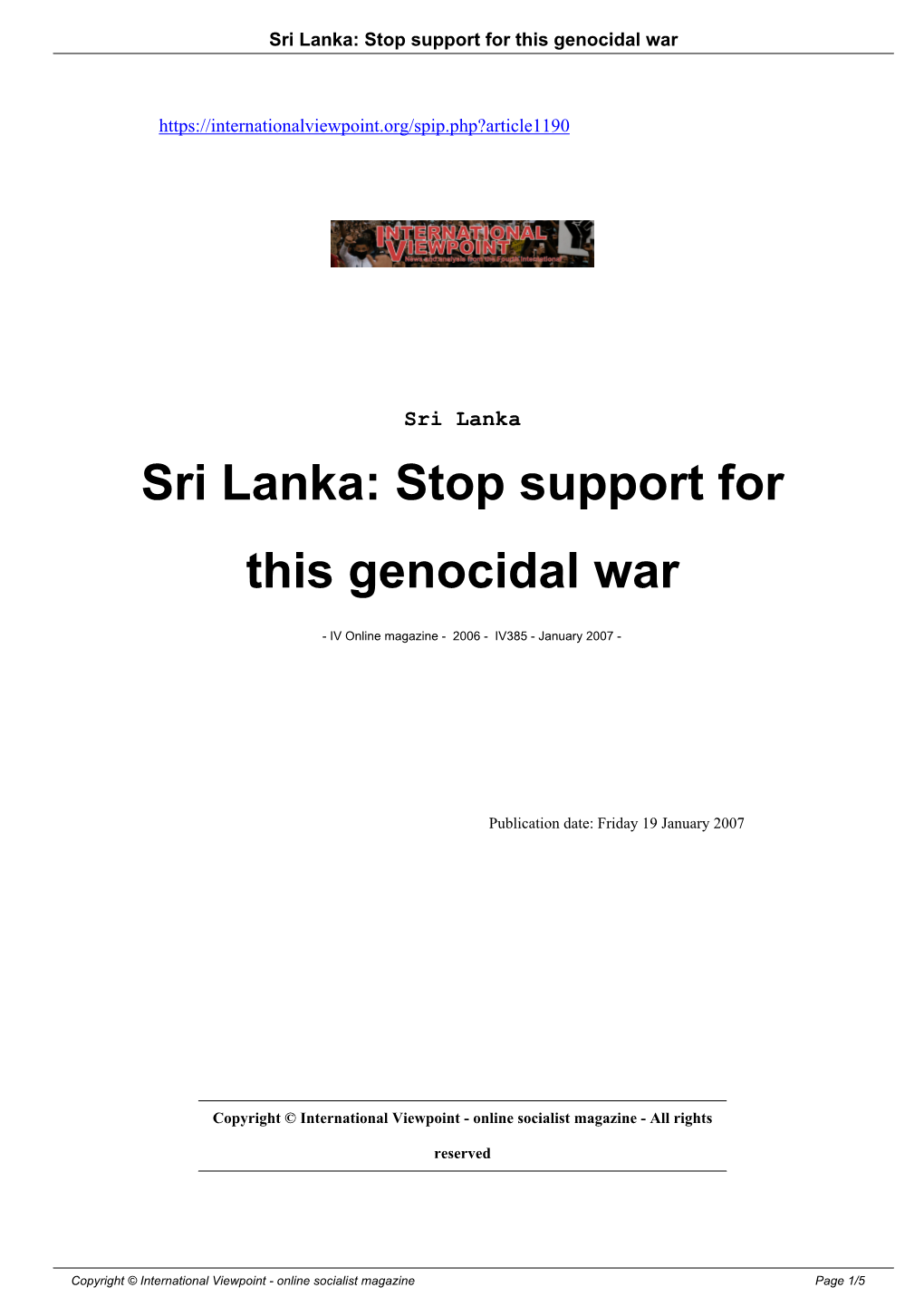 Sri Lanka: Stop Support for This Genocidal War