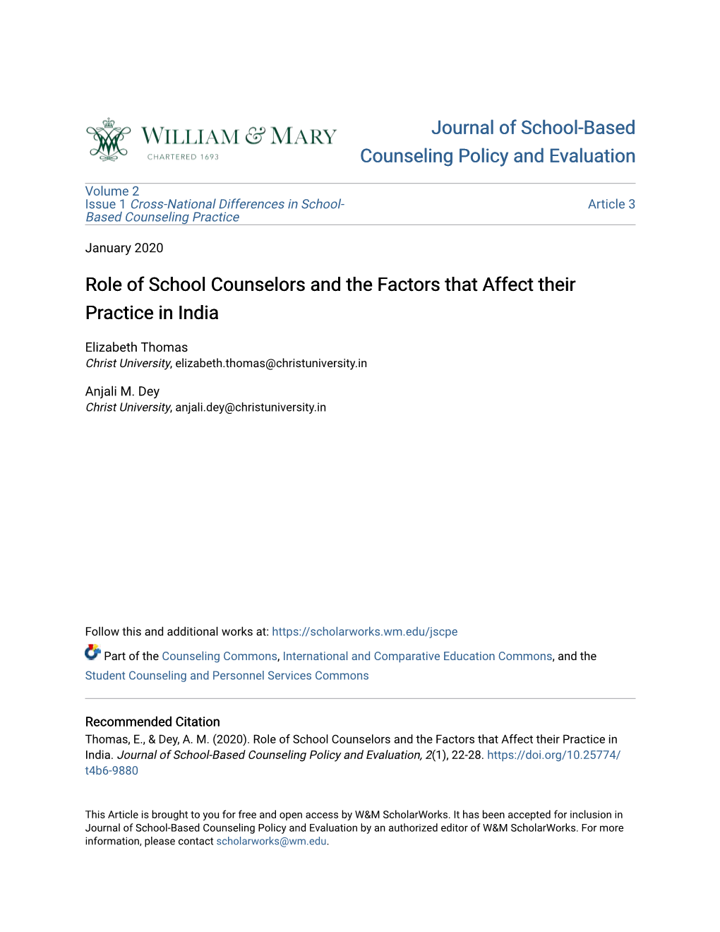 Role of School Counselors and the Factors That Affect Their Practice in India