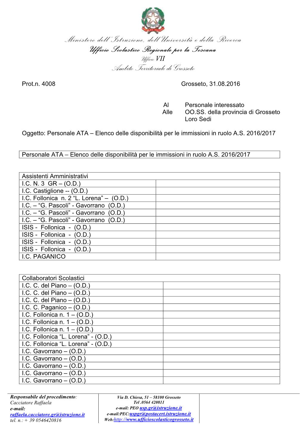 Ufficio Scolastico Regionale Per La Toscana Ufficio VII Ambito Territoriale Di Grosseto