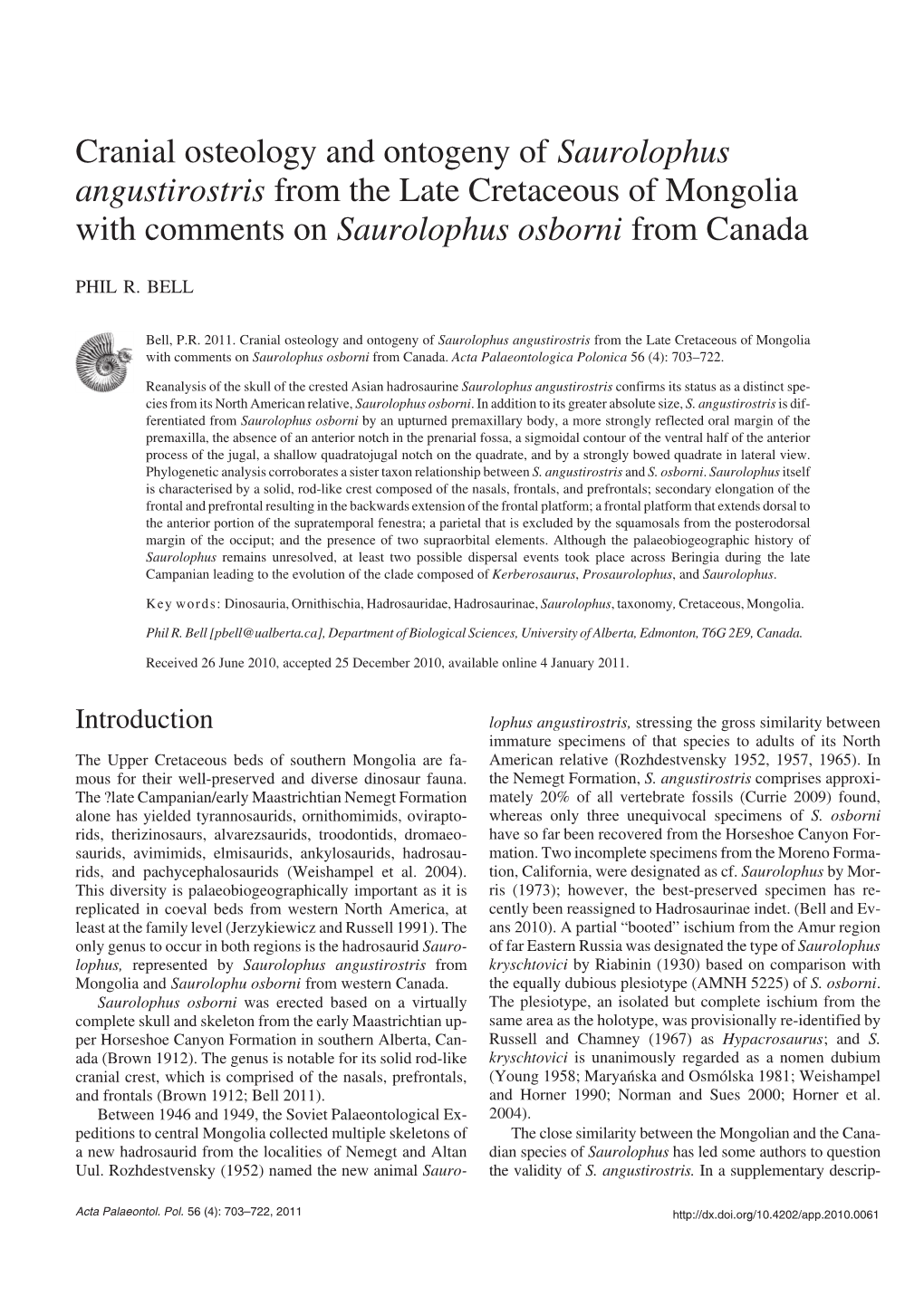 Saurolophus Angustirostris from the Late Cretaceous of Mongolia with Comments on Saurolophus Osborni from Canada