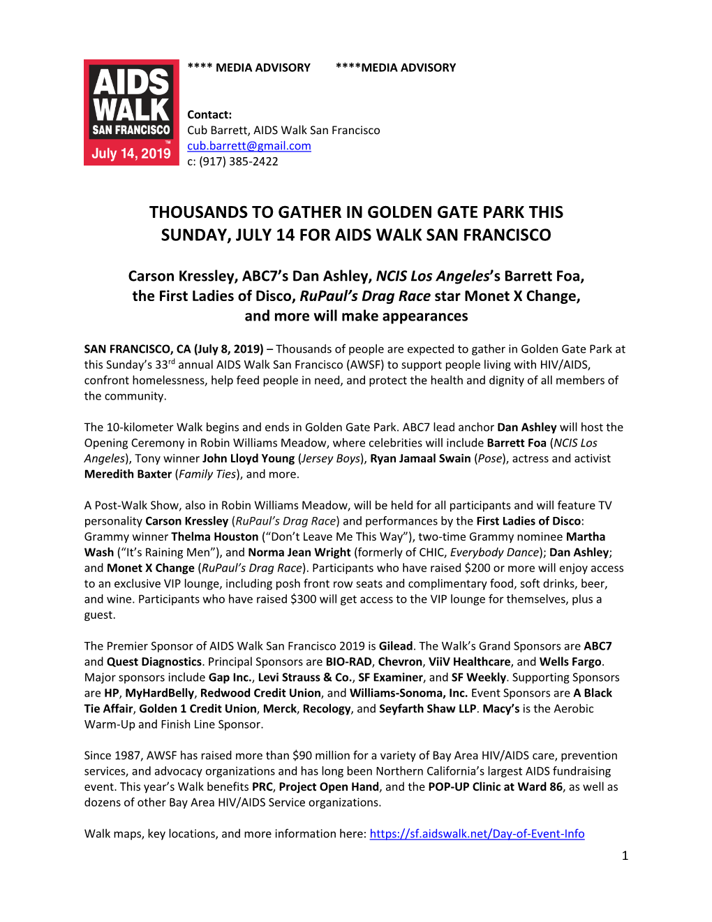 Thousands to Gather in Golden Gate Park This Sunday, July 14 for Aids Walk San Francisco