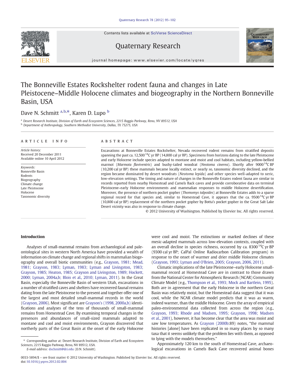 The Bonneville Estates Rockshelter Rodent Fauna and Changes in Late Pleistocene–Middle Holocene Climates and Biogeography in the Northern Bonneville Basin, USA