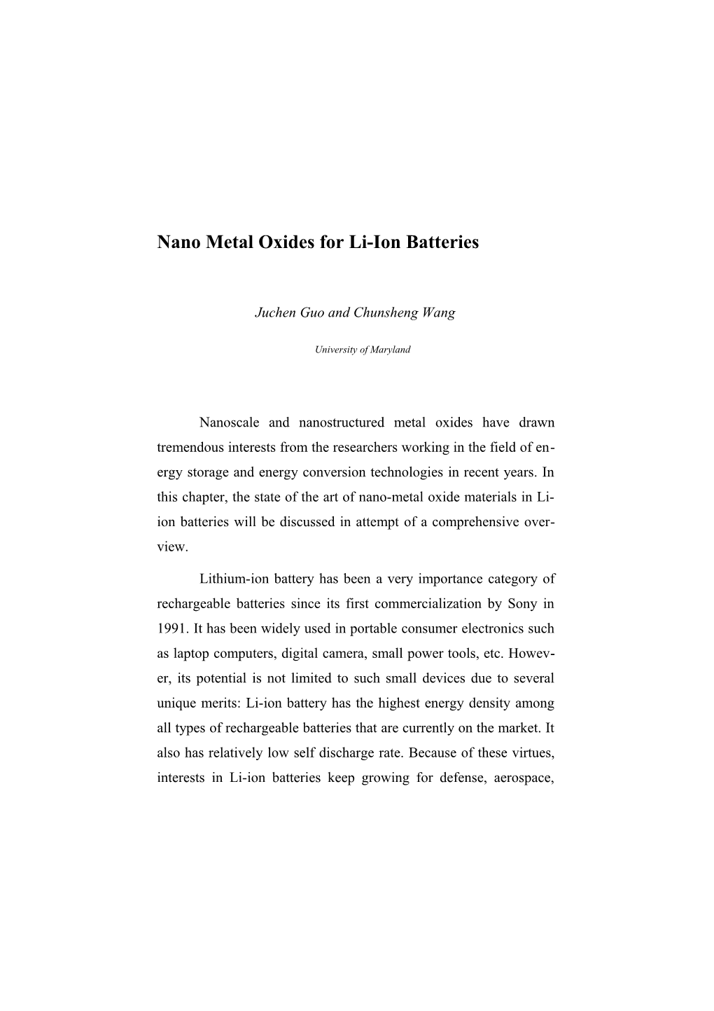 Nano Metal Oxides for Li-Ion Batteries