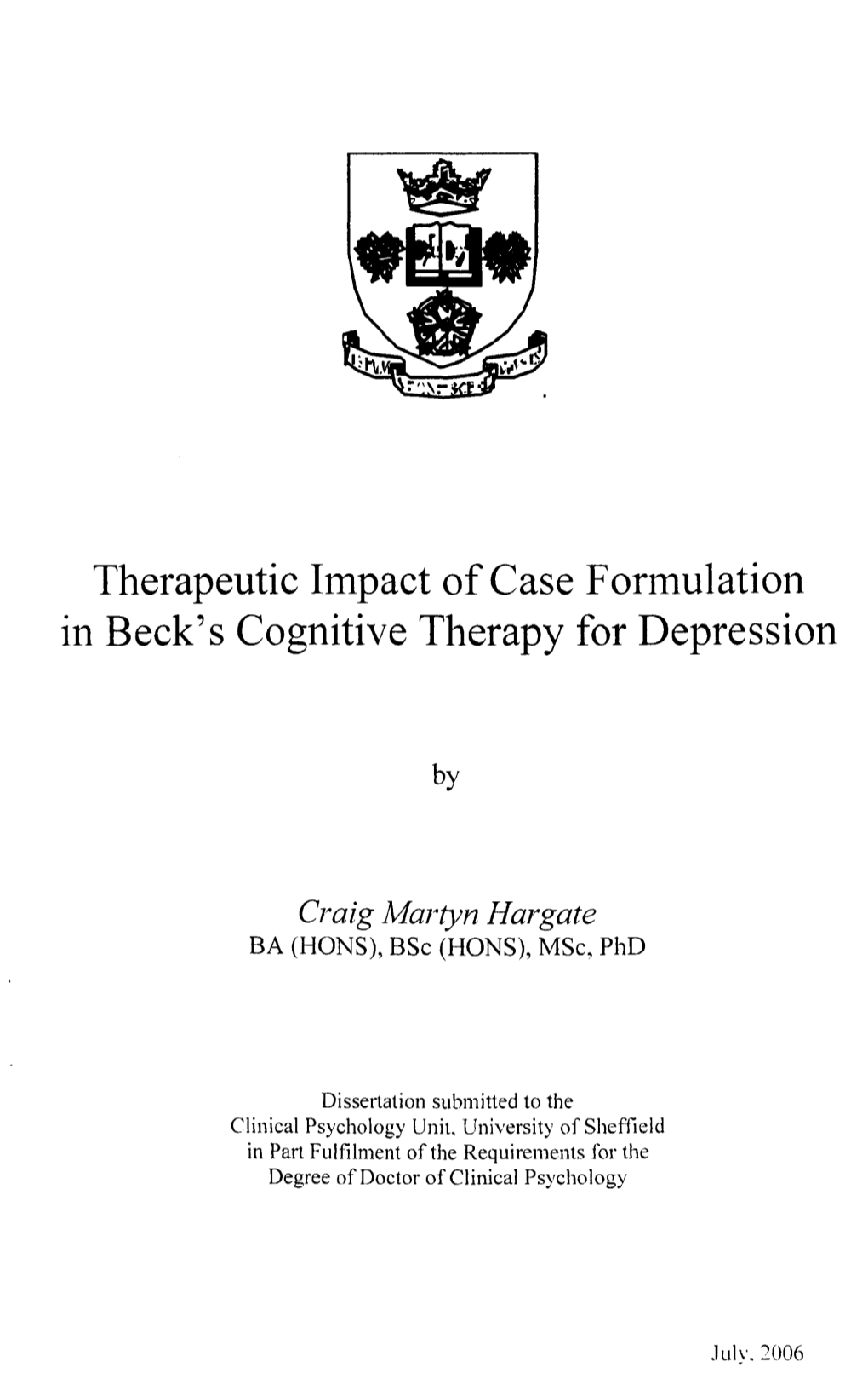 Therapeutic Impact of Case Formulation in Beck's Cognitive Therapy for Depression