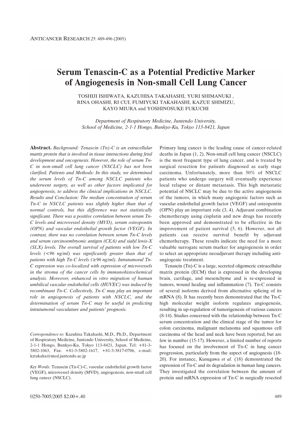 Serum Tenascin-C As a Potential Predictive Marker of Angiogenesis in Non-Small Cell Lung Cancer