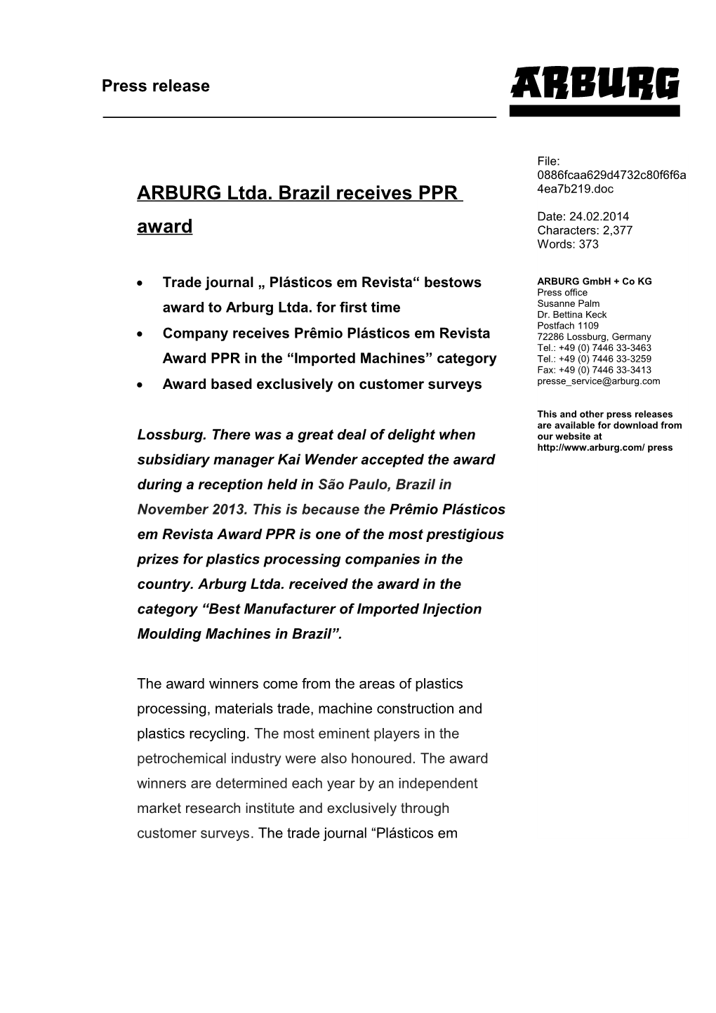 ARBURG Ltda. Brazil Receives PPR Award