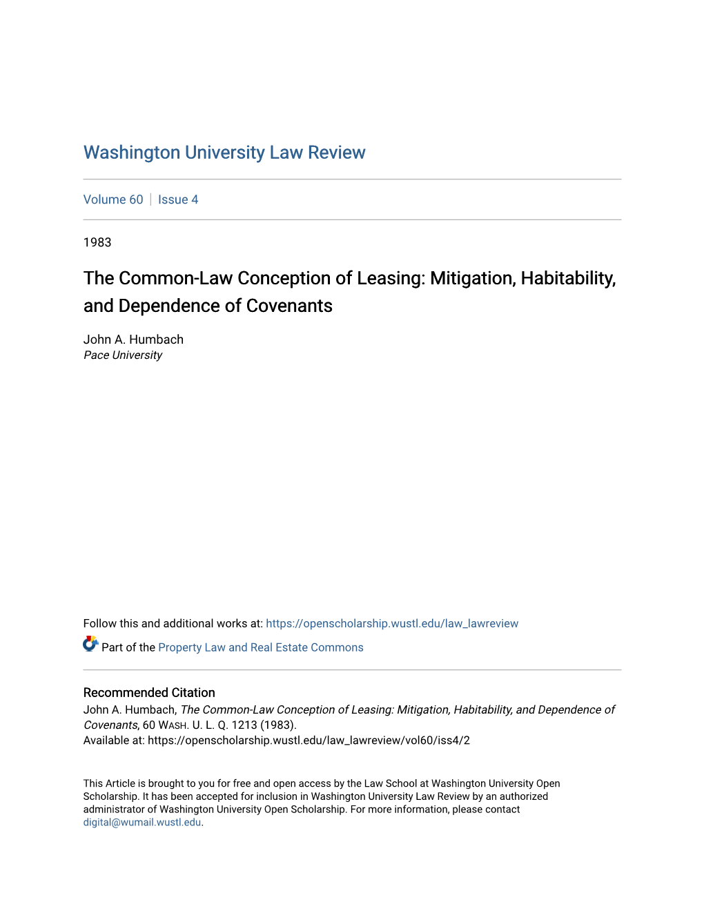 The Common-Law Conception of Leasing: Mitigation, Habitability, and Dependence of Covenants