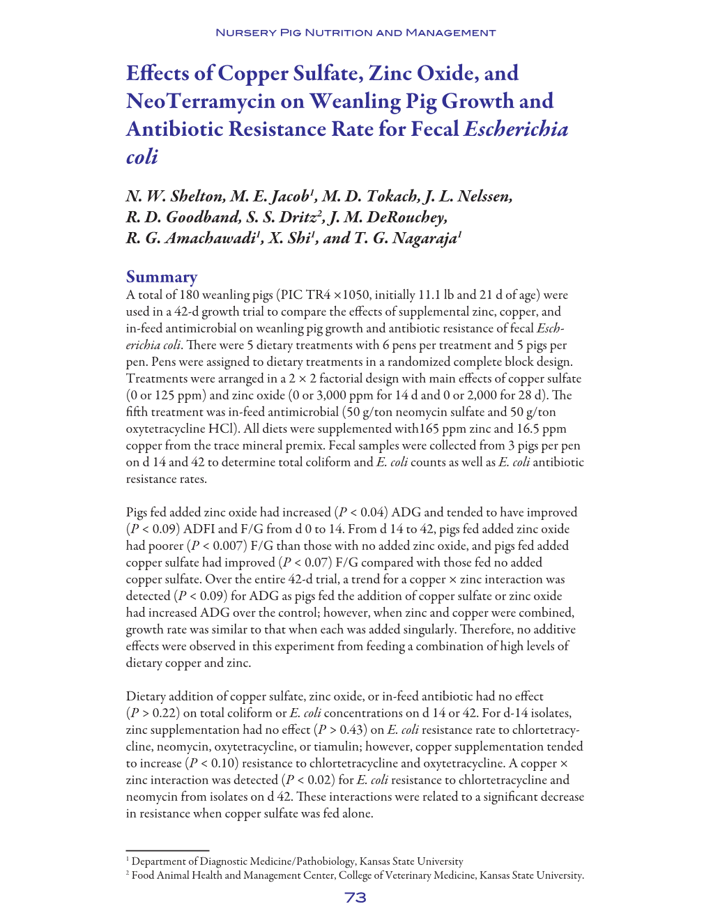 Effects of Copper Sulfate, Zinc Oxide, and Neoterramycin on Weanling Pig Growth and Antibiotic Resistance Rate for Fecal Escherichia Coli