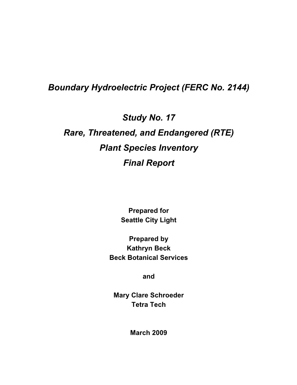 (RTE) Plant Species Inventory Final Report