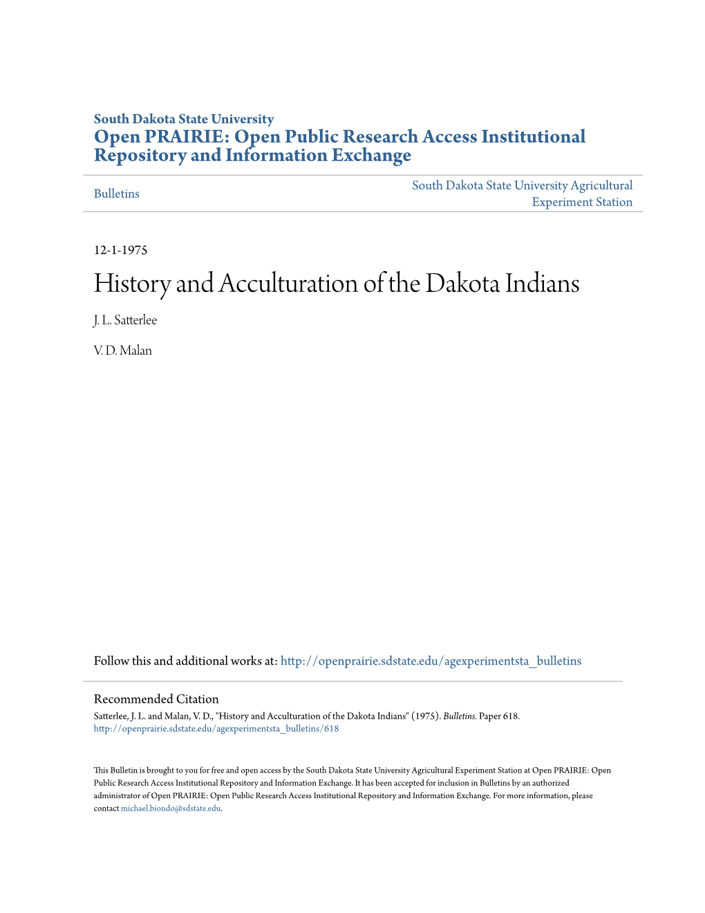 History and Acculturation of the Dakota Indians J