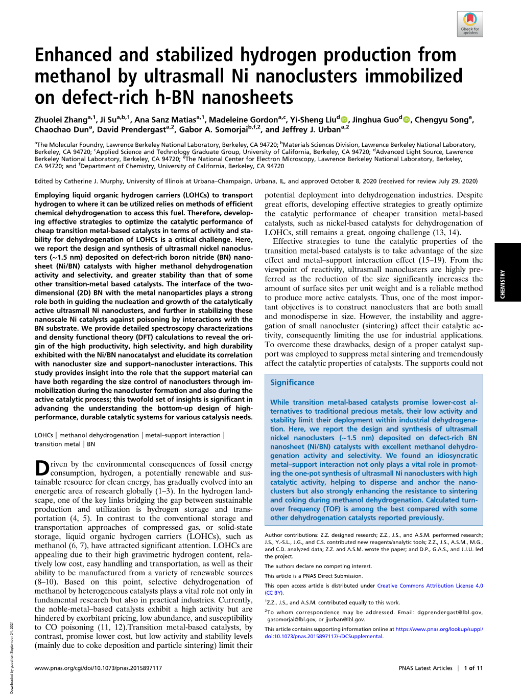 Enhanced and Stabilized Hydrogen Production from Methanol by Ultrasmall Ni Nanoclusters Immobilized on Defect-Rich H-BN Nanosheets