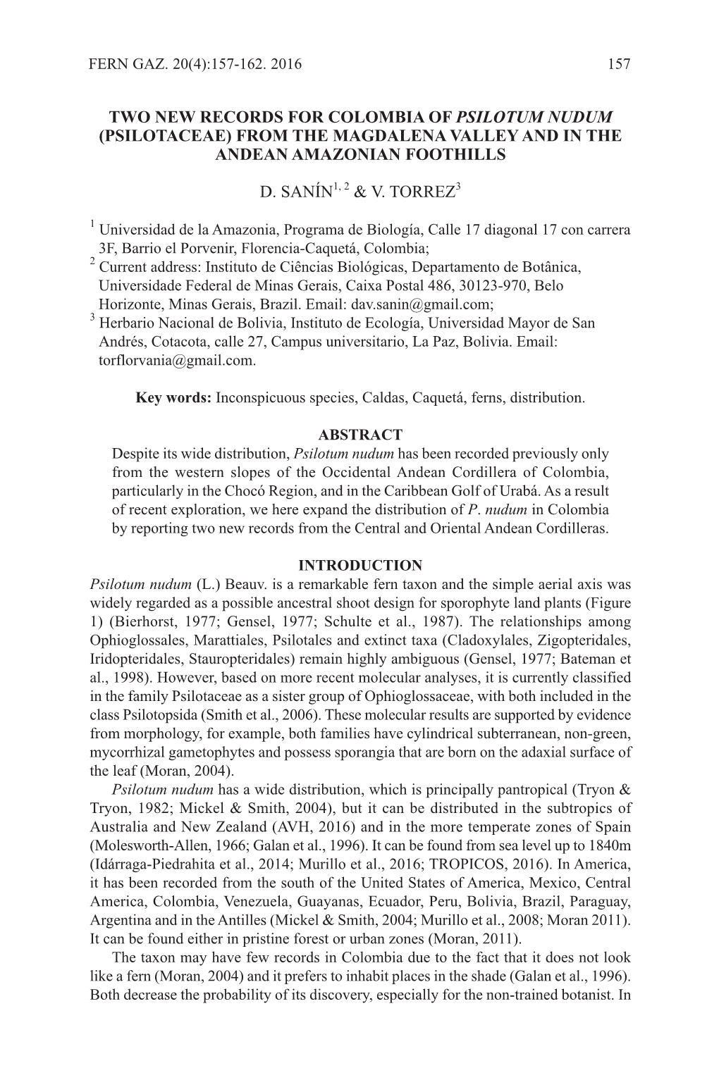 Two New Records for Colombia of Psilotum Nudum (Psilotaceae) from the Magdalena Valley and in the Andean Amazonian Foothills D