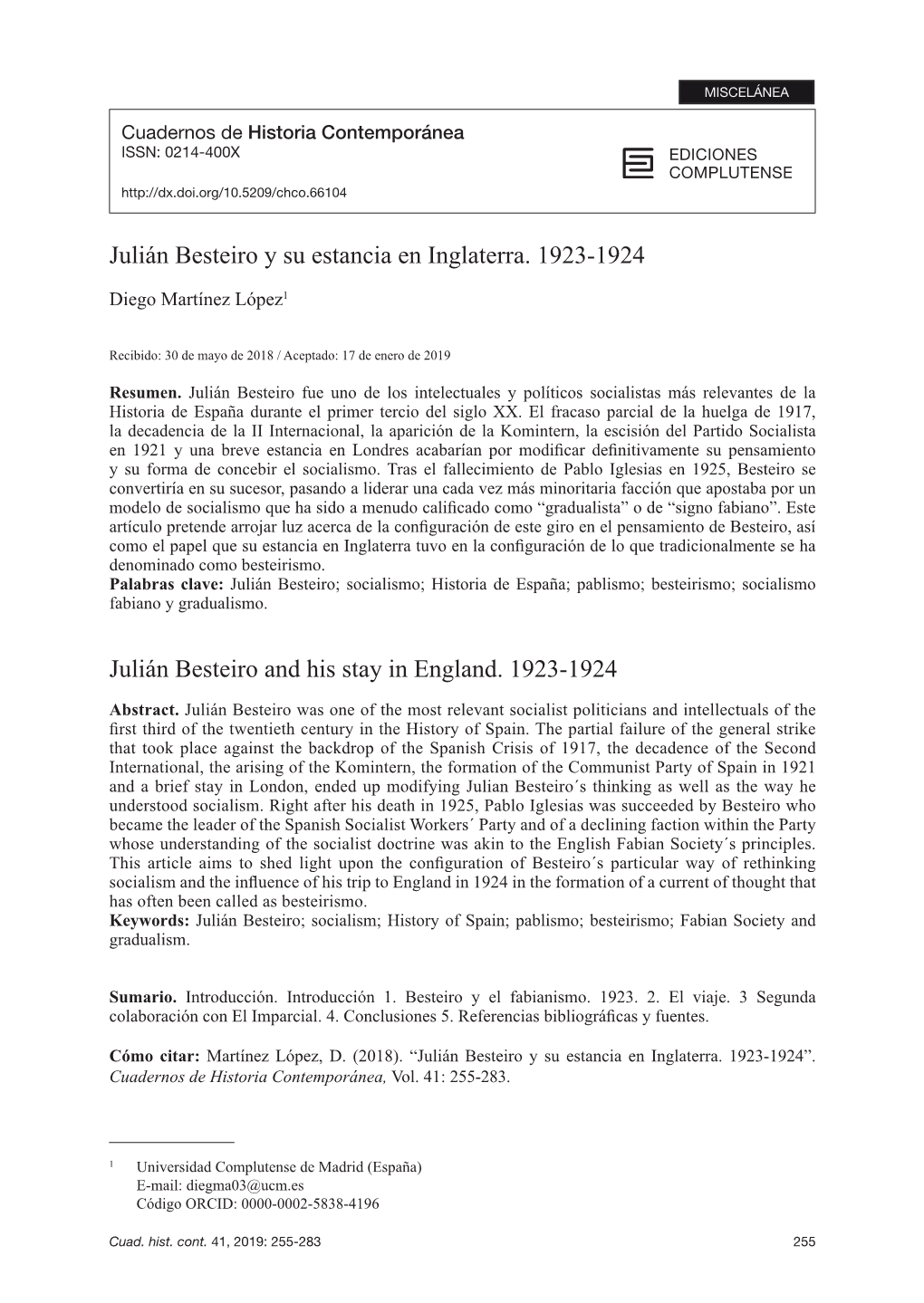 Julián Besteiro Y Su Estancia En Inglaterra. 1923-1924