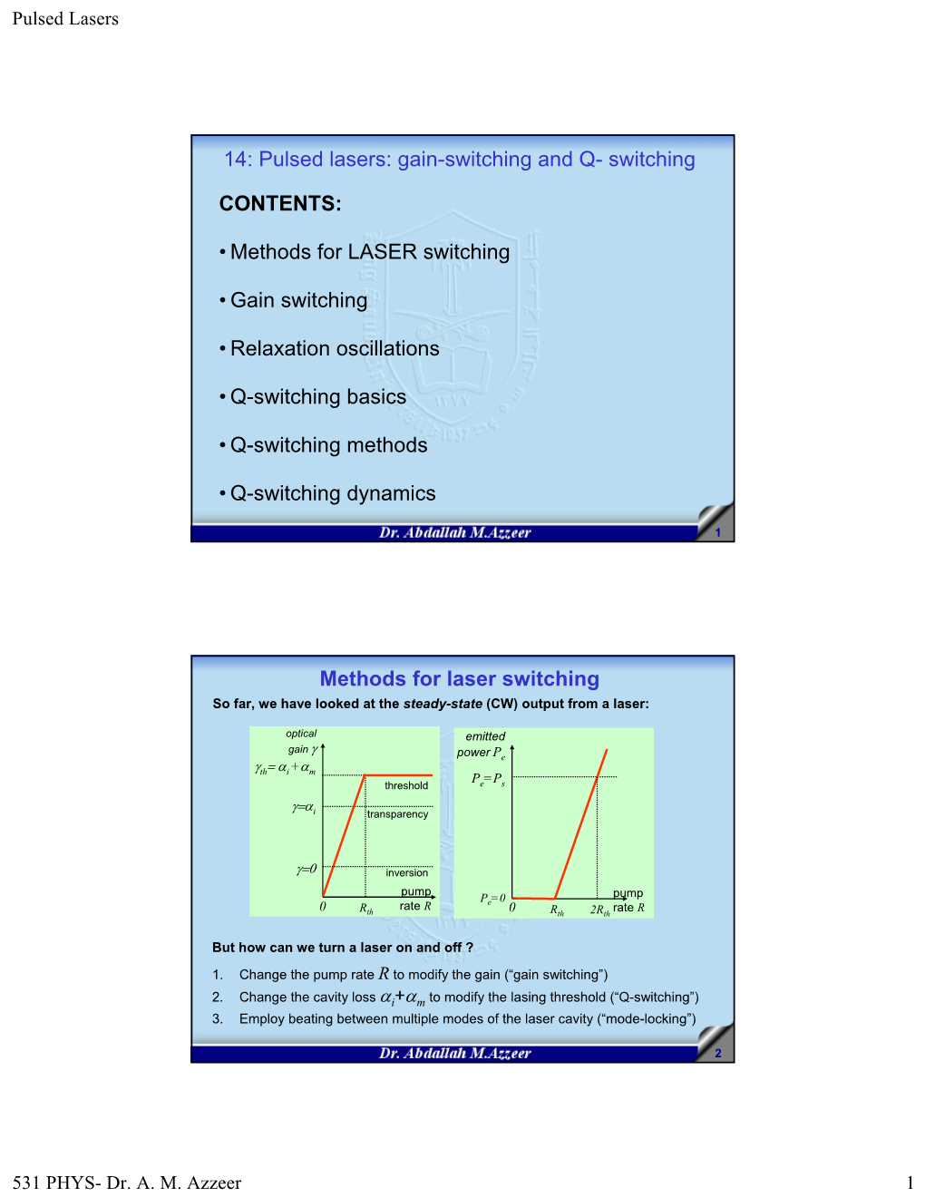 14: Pulsed Lasers: Gain-Switching and Q- Switching CONTENTS