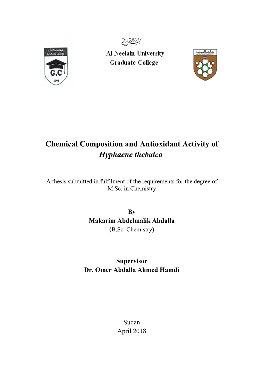Chemical Composition and Antioxidant Activity of Hyphaene Thebaica