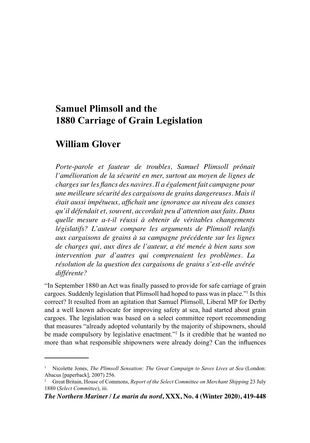 Samuel Plimsoll and the 1880 Carriage of Grain Legislation