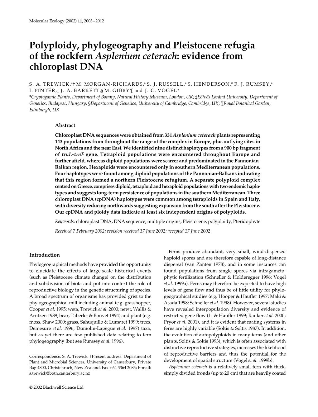 Polyploidy, Phylogeography and Pleistocene Refugia of the Rockfern