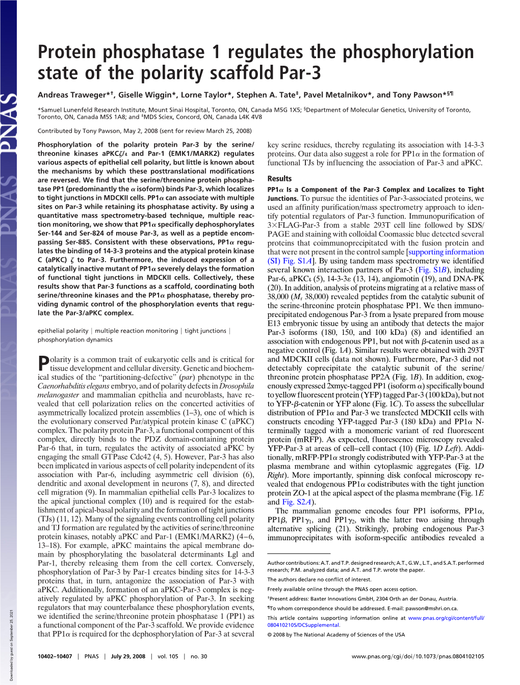 Protein Phosphatase 1 Regulates the Phosphorylation State of the Polarity Scaffold Par-3