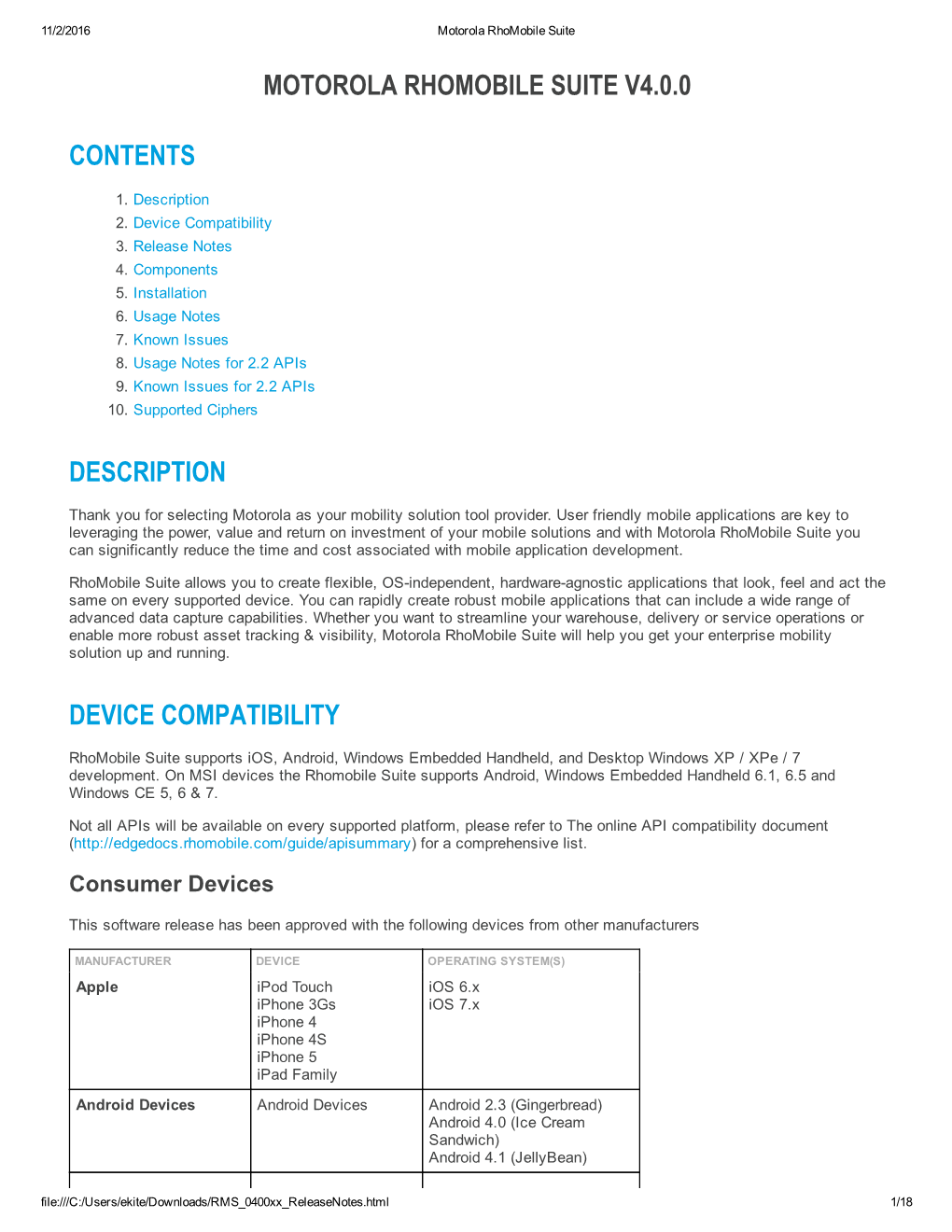 Motorola Rhomobile Suite V4.0.0 Contents Description