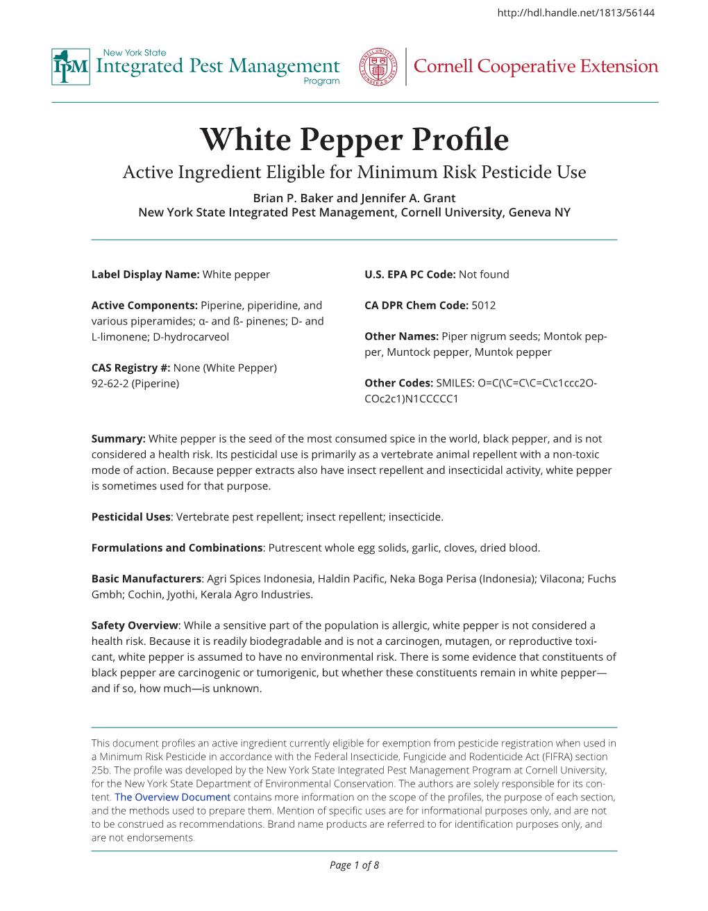 White Pepper Profile Integrated Pest Management Cornell Cooperative Extension Program