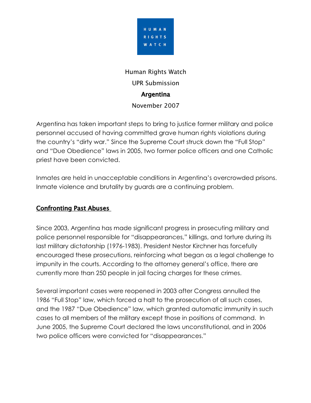 Human Rights Watch UPR Submission Argentina November 2007