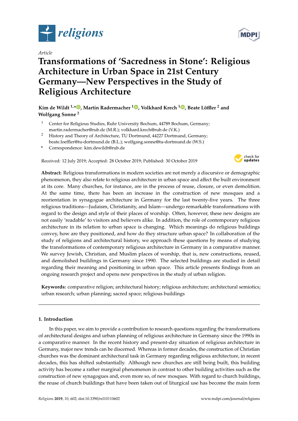 Religious Architecture in Urban Space in 21St Century Germany—New Perspectives in the Study of Religious Architecture