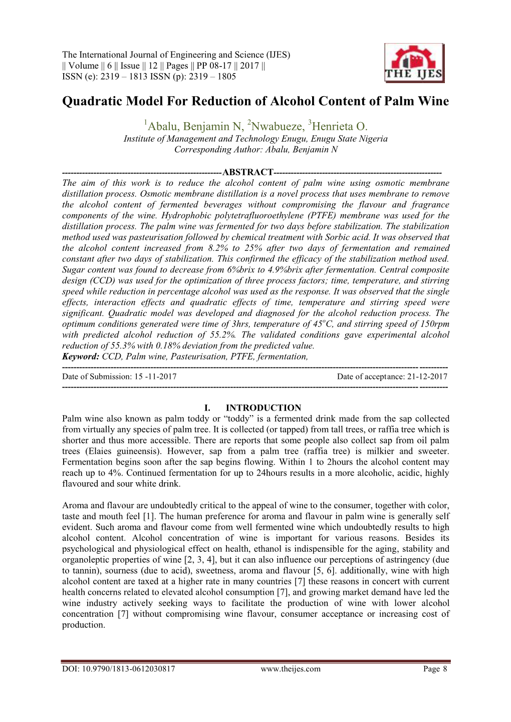 Quadratic Model for Reduction of Alcohol Content of Palm Wine