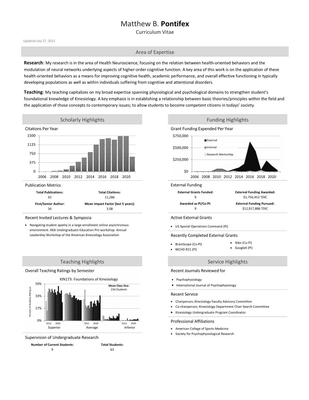 Matthew B. Pontifex Curriculum Vitae