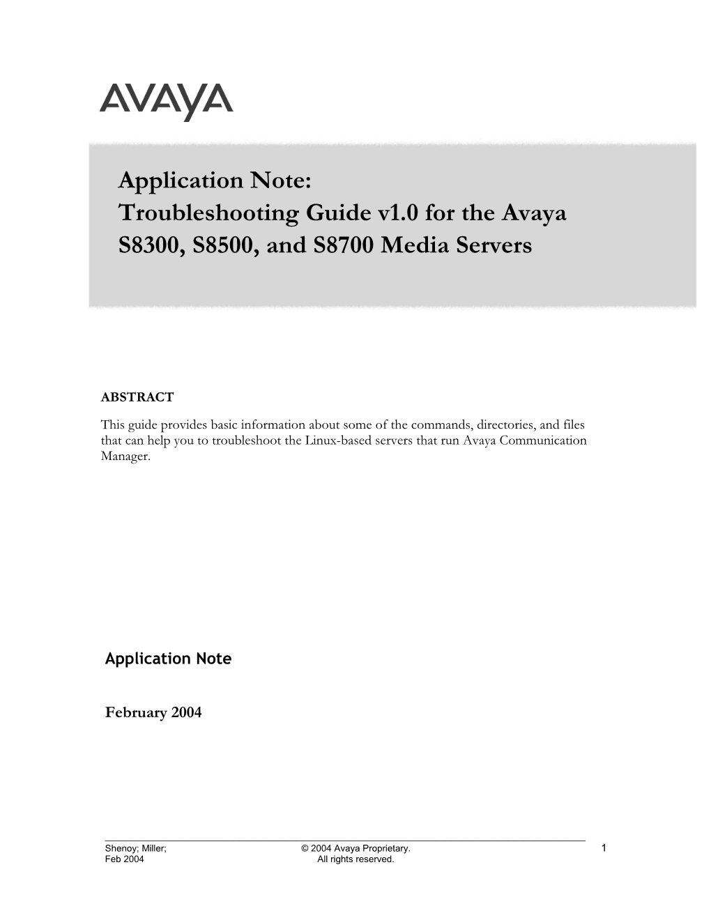 Troubleshooting Guide V1.0 for the Avaya S8300, S8500, and S8700 Media Servers