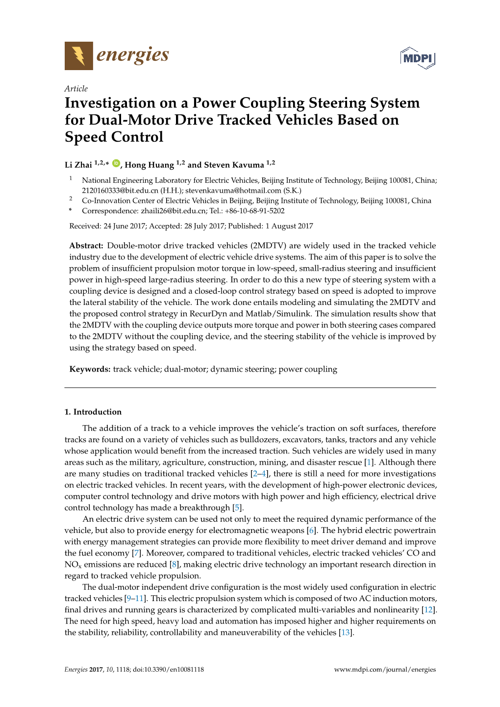 Investigation on a Power Coupling Steering System for Dual-Motor Drive Tracked Vehicles Based on Speed Control