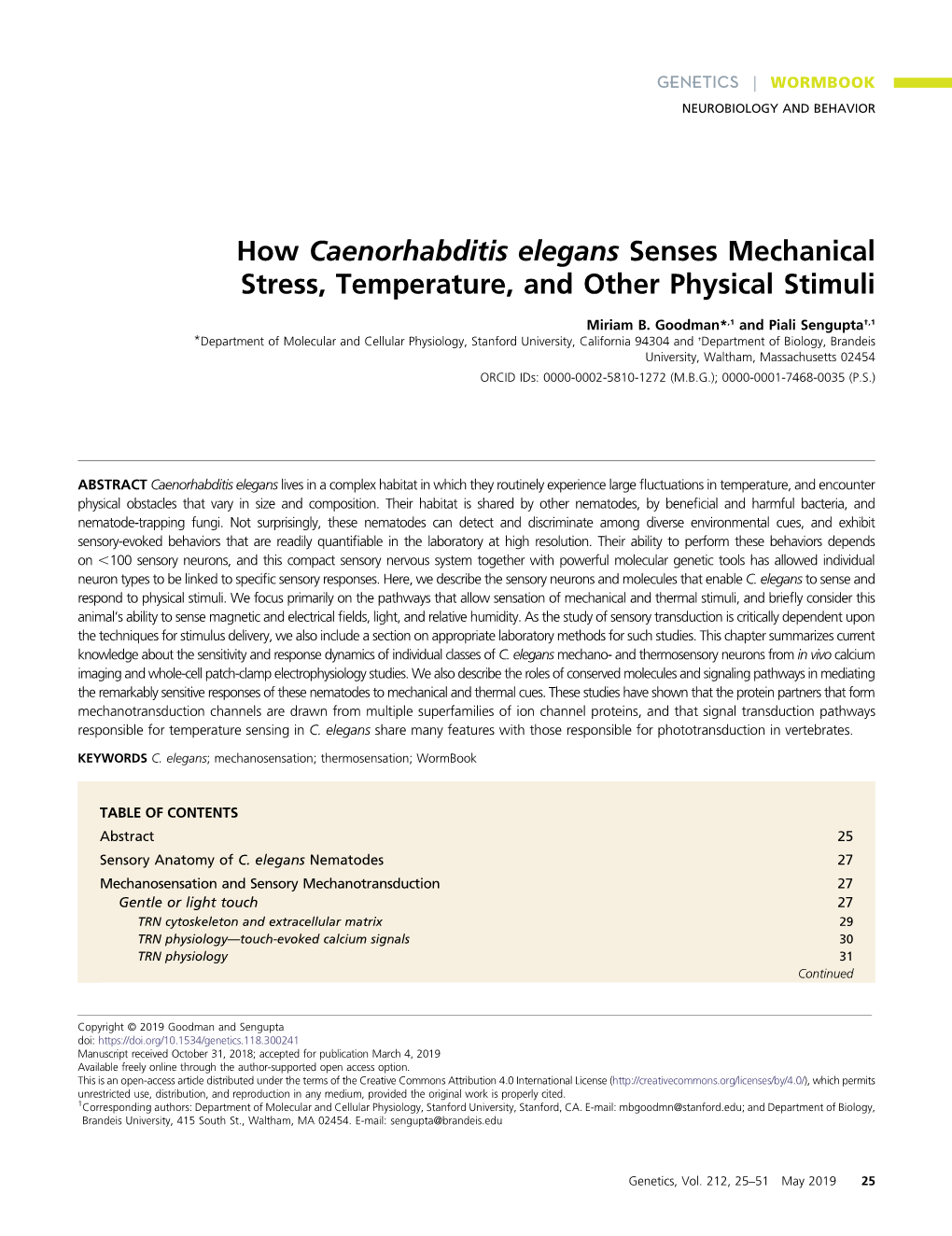 How Caenorhabditis Elegans Senses Mechanical Stress, Temperature, and Other Physical Stimuli