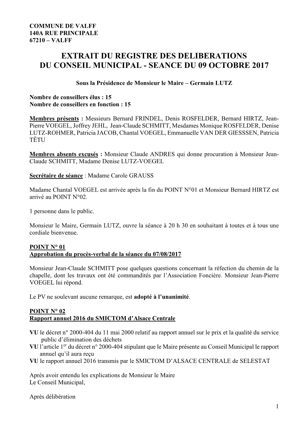 Extrait Du Registre Des Deliberations Du Conseil Municipal - Seance Du 09 Octobre 2017