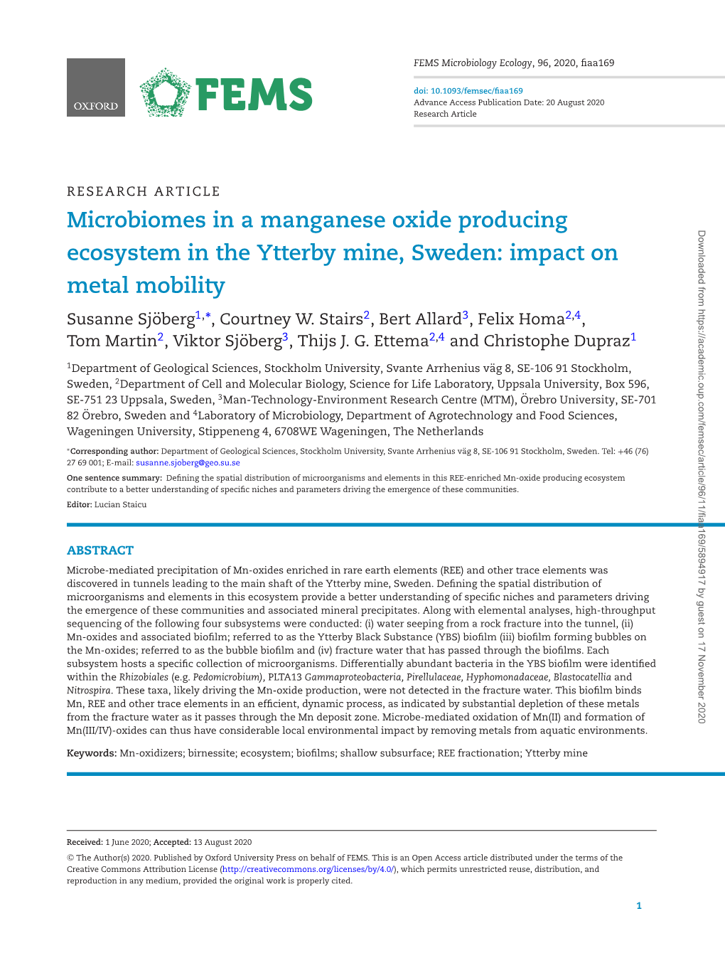 Microbiomes in a Manganese Oxide Producing Ecosystem in the Ytterby