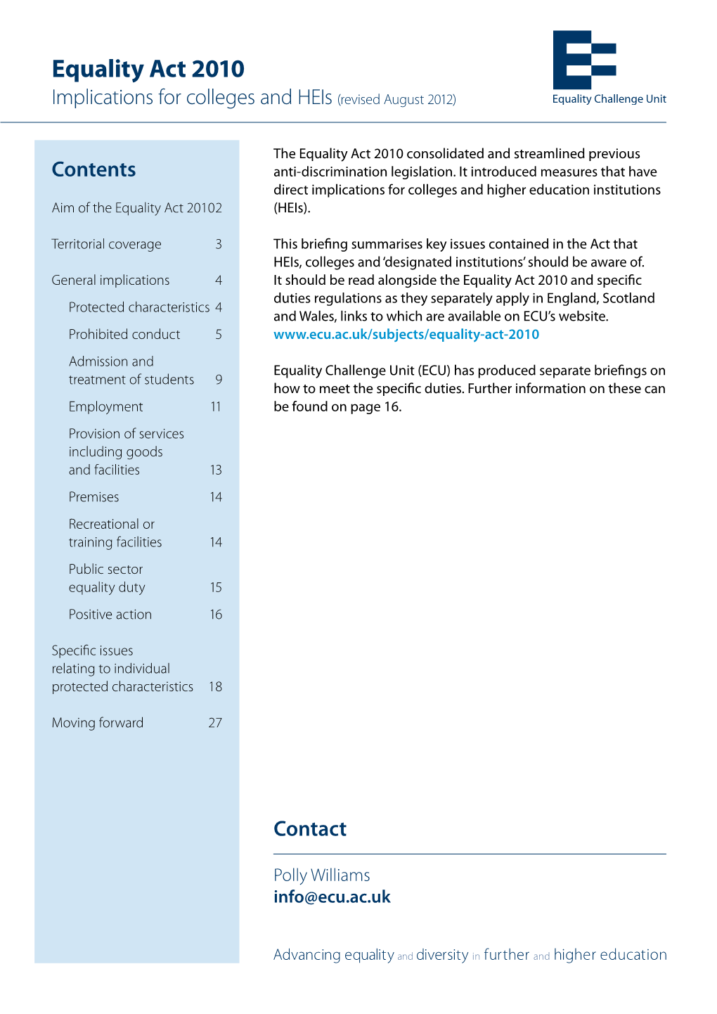 Equality Act 2010 Implications for Colleges and Heis (Revised August 2012)