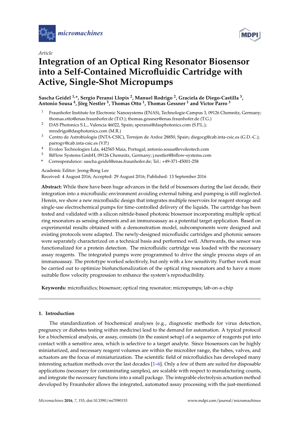 Integration of an Optical Ring Resonator Biosensor Into a Self-Contained Microﬂuidic Cartridge with Active, Single-Shot Micropumps